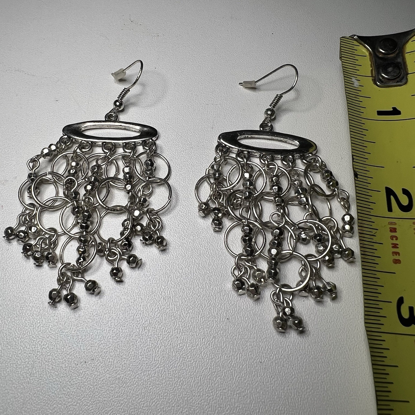 Vintage Silver-Toned Bohemian Dangle Chandelier Beaded Chainmail Earrings